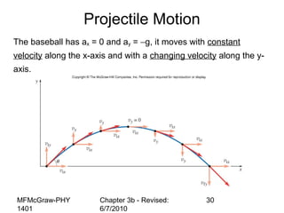 MFMcGraw-PHY
1401
Chapter 3b - Revised:
6/7/2010
30
The baseball has ax = 0 and ay = −g, it moves with constant
velocity along the x-axis and with a changing velocity along the y-
axis.
Projectile Motion
 
