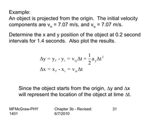 MFMcGraw-PHY
1401
Chapter 3b - Revised:
6/7/2010
31
Example:
An object is projected from the origin. The initial velocity
components are vix = 7.07 m/s, and viy = 7.07 m/s.
Determine the x and y position of the object at 0.2 second
intervals for 1.4 seconds. Also plot the results.
2
f i iy y
f i ix
1
Δy = y - y = v Δt + a Δt
2
Δx = x - x = v Δt
Since the object starts from the origin, ∆y and ∆x
will represent the location of the object at time ∆t.
 