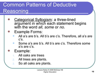 Common Patterns of Deductive Reasoning Categorical Syllogism : a three-lined argument in which each statement begins with the word  all, some  or  no .  Example Forms:  All a’s are b’s. All b’s are c’s. Therefore, all a’s are c’s.  Some a’s are b’s. All b’s are c’s. Therefore some a’s are c’s. Example:  All oaks are trees All trees are plants.  So all oaks are plants.  Lecture Notes © 2008 McGraw Hill Higher Education 
