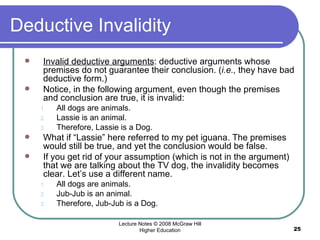 Deductive Invalidity Invalid deductive arguments : deductive arguments whose premises do not guarantee their conclusion. ( i.e.,  they have bad deductive form.) Notice, in the following argument, even though the premises and conclusion are true, it is invalid:  All dogs are animals. Lassie is an animal. Therefore, Lassie is a Dog.  What if “Lassie” here referred to my pet iguana. The premises would still be true, and yet the conclusion would be false.  If you get rid of your assumption (which is not in the argument) that we are talking about the TV dog, the invalidity becomes clear. Let’s use a different name.  All dogs are animals. Jub-Jub is an animal. Therefore, Jub-Jub is a Dog.  Lecture Notes © 2008 McGraw Hill Higher Education 
