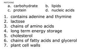 MATCHING
a. carbohydrate b. lipids
c. protein d. nucleic acids
1. contains adenine and thymine
2. lactose
3. chains of amino acids
4. long term energy storage
5. cholesterol
6. chains of fatty acids and glycerol
7. plant cell walls
 