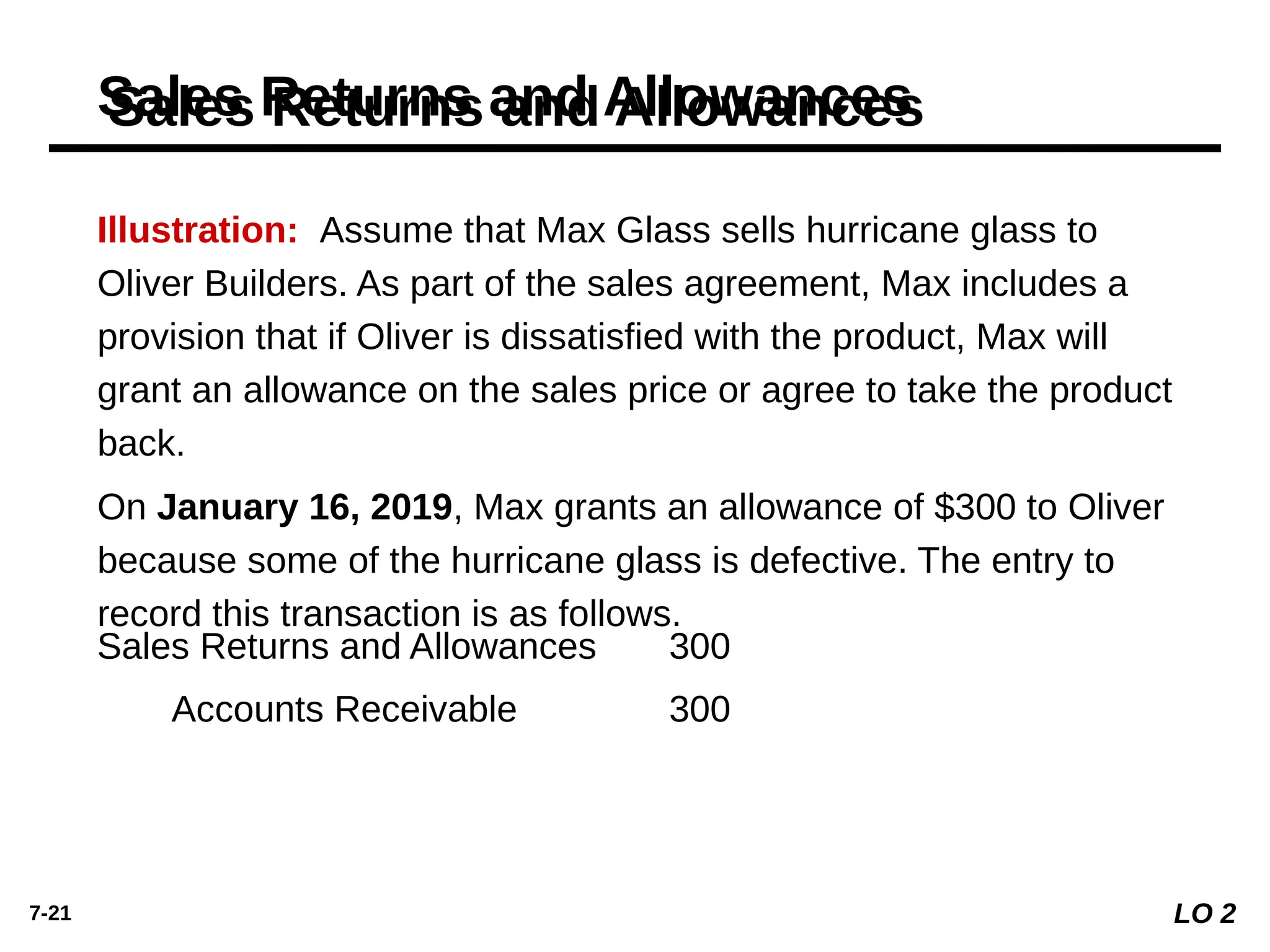 7-21
Illustration: Assume that Max Glass sells hurricane glass to
Oliver Builders. As part of the sales agreement, Max includes a
provision that if Oliver is dissatisﬁed with the product, Max will
grant an allowance on the sales price or agree to take the product
back.
On January 16, 2019, Max grants an allowance of $300 to Oliver
because some of the hurricane glass is defective. The entry to
record this transaction is as follows.
Sales Returns and Allowances
Sales Returns and Allowances 300
Accounts Receivable 300
LO 2
 