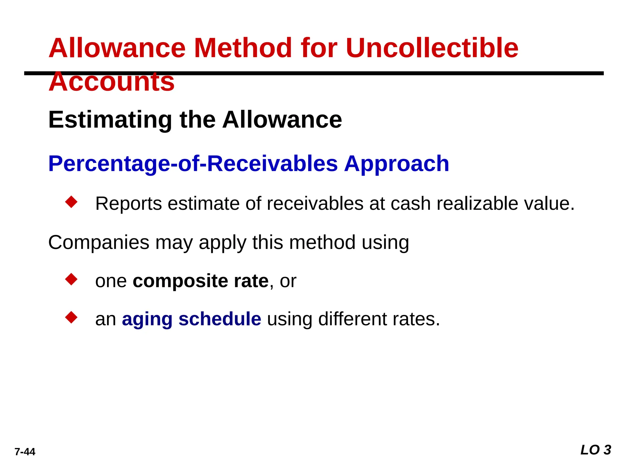 7-44 LO 3
Estimating the Allowance
Percentage-of-Receivables Approach
 Reports estimate of receivables at cash realizable value.
Companies may apply this method using
 one composite rate, or
 an aging schedule using different rates.
Allowance Method for Uncollectible
Accounts
 