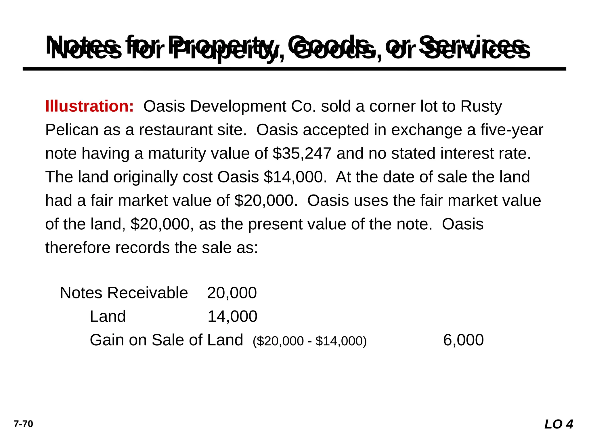7-70
Notes for Property, Goods, or Services
Illustration: Oasis Development Co. sold a corner lot to Rusty
Pelican as a restaurant site. Oasis accepted in exchange a five-year
note having a maturity value of $35,247 and no stated interest rate.
The land originally cost Oasis $14,000. At the date of sale the land
had a fair market value of $20,000. Oasis uses the fair market value
of the land, $20,000, as the present value of the note. Oasis
therefore records the sale as:
Notes Receivable 20,000
Land 14,000
Gain on Sale of Land ($20,000 - $14,000) 6,000
LO 4
 
