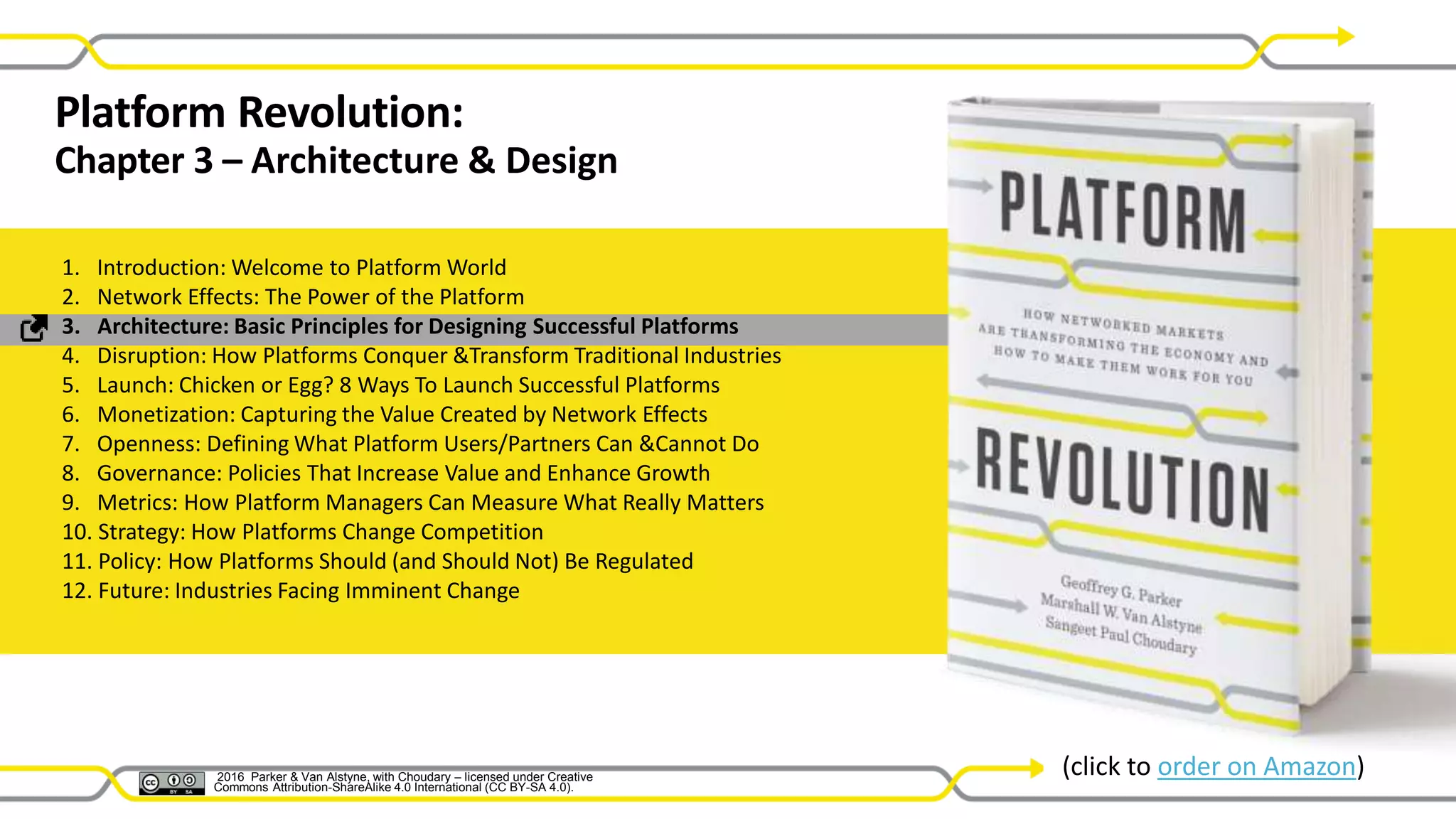 2016 Parker & Van Alstyne with Choudary –
licensed under Creative Commons Attribution-
ShareAlike 4.0 Int’l (CC BY-SA 4.0).
Platform Revolution:
Chapter 3 – Architecture & Design
1. Introduction: Welcome to Platform World
2. Network Effects: The Power of the Platform
3. Architecture: Basic Principles for Designing Successful Platforms
4. Disruption: How Platforms Conquer &Transform Traditional Industries
5. Launch: Chicken or Egg? 8 Ways To Launch Successful Platforms
6. Monetization: Capturing the Value Created by Network Effects
7. Openness: Defining What Platform Users/Partners Can &Cannot Do
8. Governance: Policies That Increase Value and Enhance Growth
9. Metrics: How Platform Managers Can Measure What Really Matters
10. Strategy: How Platforms Change Competition
11. Policy: How Platforms Should (and Should Not) Be Regulated
12. Future: Industries Facing Imminent Change
(click to order on Amazon)2016 Parker & Van Alstyne, with Choudary – licensed under Creative
Commons Attribution-ShareAlike 4.0 International (CC BY-SA 4.0).
 