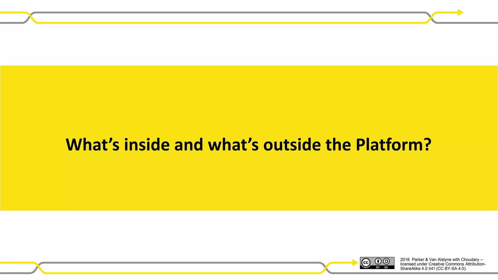 2016 Parker & Van Alstyne with Choudary –
licensed under Creative Commons Attribution-
ShareAlike 4.0 Int’l (CC BY-SA 4.0).
What’s inside and what’s outside the Platform?
 