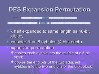 DES Expansion Permutation
DES Expansion Permutation
1 2 3 4 5 6 7 8 11 12 13 14 15 16 17 18
9 10 21 22 23 24 25 26 27 28
19 20 31 32
29 30
1 2 3 4 5 6 7 8 11 12 13 14 15 16 17 18
9 10 21 22 23 24 25 26 27 28
19 20 31 32
29 30
28
29
24
25
21 20
16
17
13 12
4
5 8
9
32 1
Right Half i-1
R half expanded to same length as 48-bit
R half expanded to same length as 48-bit
subkey
subkey
consider R as 8 nybbles (4 bits each)
consider R as 8 nybbles (4 bits each)
expansion permutation
expansion permutation
copies each nybble into the middle of a 6-bit
copies each nybble into the middle of a 6-bit
block
block
copies the end bits of the two adjacent
copies the end bits of the two adjacent
nybbles into the two end bits of the 6-bit block
nybbles into the two end bits of the 6-bit block
 