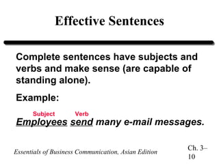 Effective Sentences
Complete sentences have subjects and
verbs and make sense (are capable of
standing alone).
Example:
Subject

Verb

Employees send many e-mail messages.
Essentials of Business Communication, Asian Edition

Ch. 3–
10

 