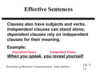Effective Sentences
Clauses also have subjects and verbs.
Independent clauses can stand alone;
dependent clauses rely on independent
clauses for their meaning.
Example:
Dependent Clause

Independent Clause

When you speak, you reveal yourself.
Essentials of Business Communication, Asian Edition

Ch. 3–
11

 