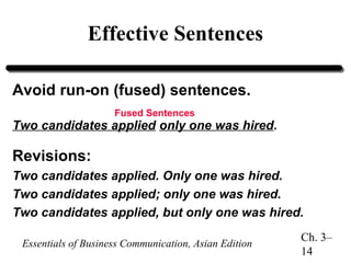 Effective Sentences
Avoid run-on (fused) sentences.
Fused Sentences

Two candidates applied only one was hired.

Revisions:
Two candidates applied. Only one was hired.
Two candidates applied; only one was hired.
Two candidates applied, but only one was hired.
Essentials of Business Communication, Asian Edition

Ch. 3–
14

 