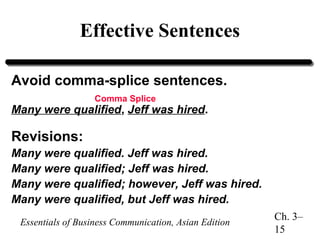 Effective Sentences
Avoid comma-splice sentences.
Comma Splice

Many were qualified, Jeff was hired.

Revisions:
Many were qualified. Jeff was hired.
Many were qualified; Jeff was hired.
Many were qualified; however, Jeff was hired.
Many were qualified, but Jeff was hired.
Essentials of Business Communication, Asian Edition

Ch. 3–
15

 