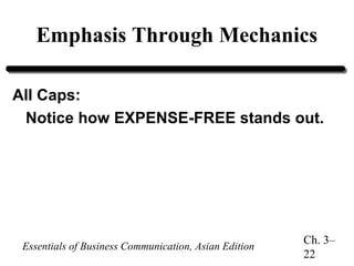 Emphasis Through Mechanics
All Caps:
Notice how EXPENSE-FREE stands out.

Essentials of Business Communication, Asian Edition

Ch. 3–
22

 