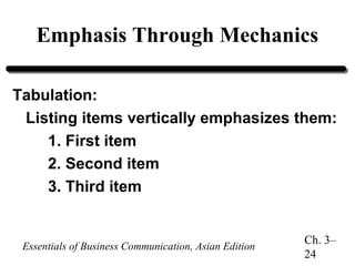 Emphasis Through Mechanics
Tabulation:
Listing items vertically emphasizes them:
1. First item
2. Second item
3. Third item

Essentials of Business Communication, Asian Edition

Ch. 3–
24

 