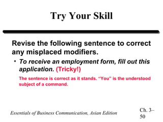 Try Your Skill
Revise the following sentence to correct
any misplaced modifiers.
• To receive an employment form, fill out this
application. (Tricky!)
The sentence is correct as it stands. “You” is the understood
subject of a command.

Essentials of Business Communication, Asian Edition

Ch. 3–
50

 