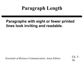 Paragraph Length
Paragraphs with eight or fewer printed
lines look inviting and readable.

Essentials of Business Communication, Asian Edition

Ch. 3–
56

 