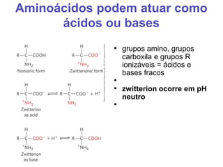 Aminoácidos podem atuar como
ácidos ou bases
• grupos amino, grupos
carboxila e grupos R
ionizáveis = ácidos e
bases fracos
•
• zwitterion ocorre em pH
neutro
•
 