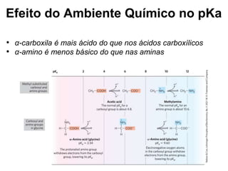 Efeito do Ambiente Químico no pKa
• α-carboxila é mais ácido do que nos ácidos carboxílicos
• α-amino é menos básico do que nas aminas
 