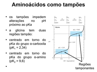 Aminoácidos como tampões
• os tampões impedem
alterações no pH
próximo ao pKa
• a glicina tem duas
regiões tampão:
• centrado em torno do
pKa do grupo α-carboxila
(pK1 = 2,34)
• centrado em torno do
pKa do grupo α-amino
(pK2 = 9,6)
•
Regiões
tamponantes
 