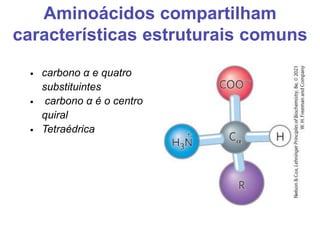 Aminoácidos compartilham
características estruturais comuns
• carbono α e quatro
substituintes
• carbono α é o centro
quiral
• Tetraédrica
 