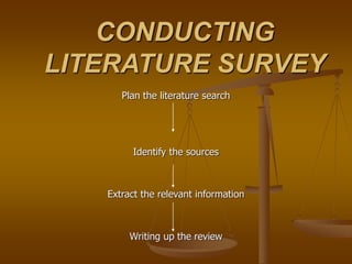 CONDUCTING
LITERATURE SURVEY
Plan the literature search
Identify the sources
Extract the relevant information
Writing up the review
 