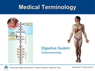 Medical TerminologyMedical Terminology
Copyright ©2011 All rights reserved.Florida State College of Jacksonville | Professor: Michael L. Whitchurch, MHS
Digestive System
Gastroenterology
 