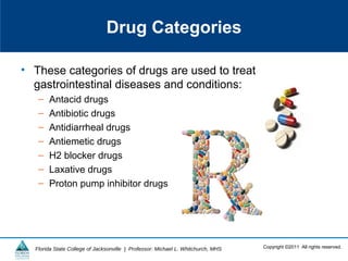 Copyright ©2011 All rights reserved.Florida State College of Jacksonville | Professor: Michael L. Whitchurch, MHS
Drug Categories
• These categories of drugs are used to treat
gastrointestinal diseases and conditions:
– Antacid drugs
– Antibiotic drugs
– Antidiarrheal drugs
– Antiemetic drugs
– H2 blocker drugs
– Laxative drugs
– Proton pump inhibitor drugs
 