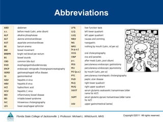 Copyright ©2011 All rights reserved.Florida State College of Jacksonville | Professor: Michael L. Whitchurch, MHS
Abbreviations
 