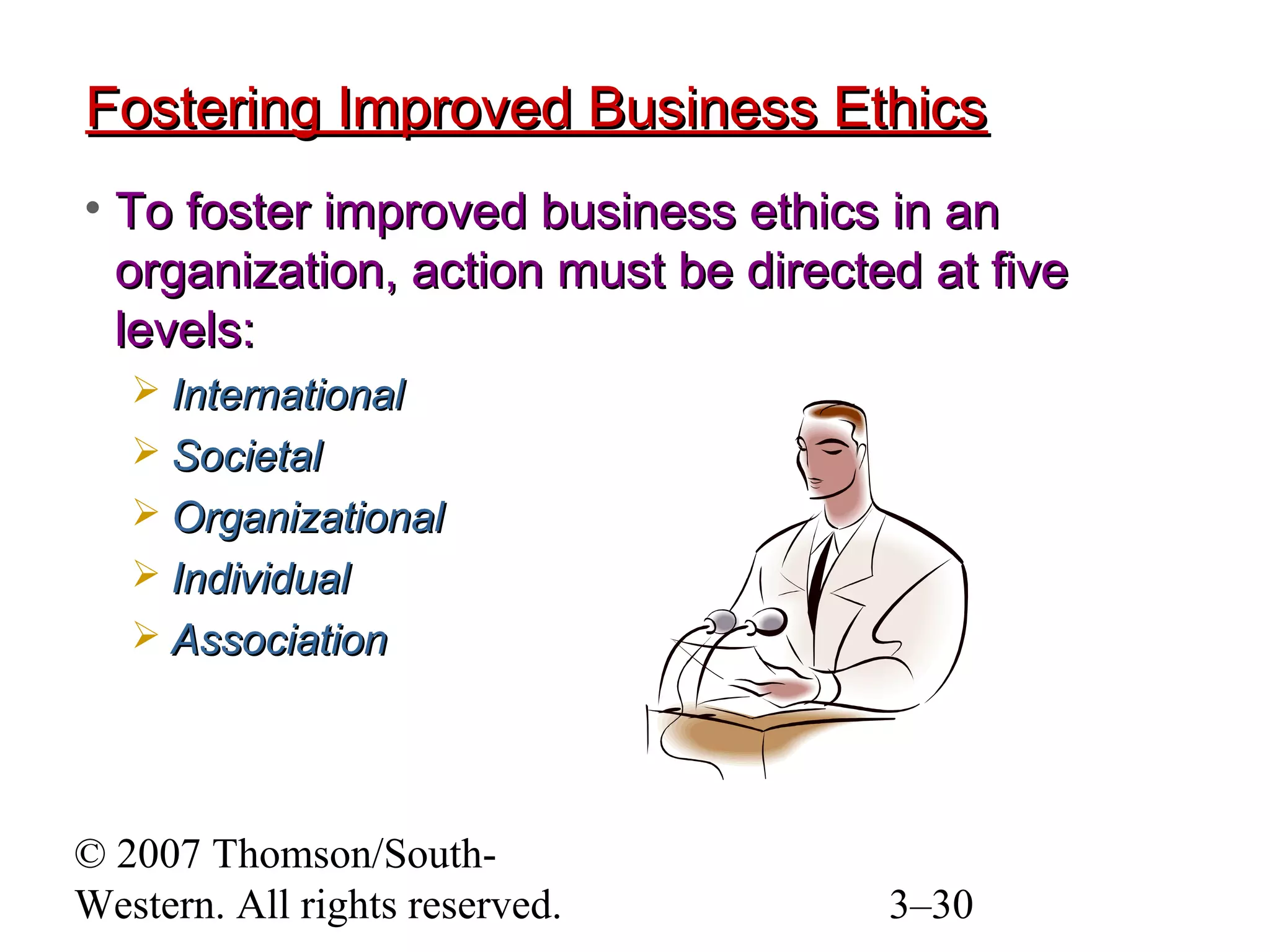 © 2007 Thomson/South-
Western. All rights reserved. 3–30
Fostering Improved Business EthicsFostering Improved Business Ethics
• To foster improved business ethics in anTo foster improved business ethics in an
organization, action must be directed at fiveorganization, action must be directed at five
levels:levels:
 InternationalInternational
 SocietalSocietal
 OrganizationalOrganizational
 IndividualIndividual
 AssociationAssociation
 