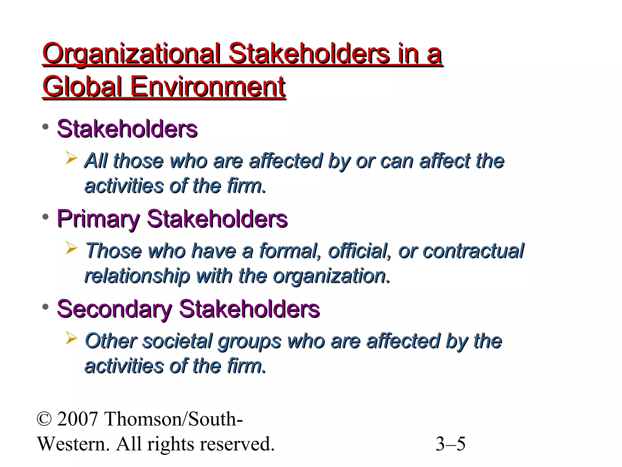 © 2007 Thomson/South-
Western. All rights reserved. 3–5
Organizational Stakeholders in aOrganizational Stakeholders in a
Global EnvironmentGlobal Environment
• StakeholdersStakeholders
 All those who are affected by or can affect theAll those who are affected by or can affect the
activities of the firm.activities of the firm.
• Primary StakeholdersPrimary Stakeholders
 Those who have a formal, official, or contractualThose who have a formal, official, or contractual
relationship with the organization.relationship with the organization.
• Secondary StakeholdersSecondary Stakeholders
 Other societal groups who are affected by theOther societal groups who are affected by the
activities of the firm.activities of the firm.
 