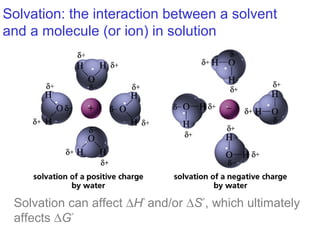 Solvation: the interaction between a solvent
and a molecule (or ion) in solution
Solvation can affect ∆H°
and/or ∆S°
, which ultimately
affects ∆G°
 