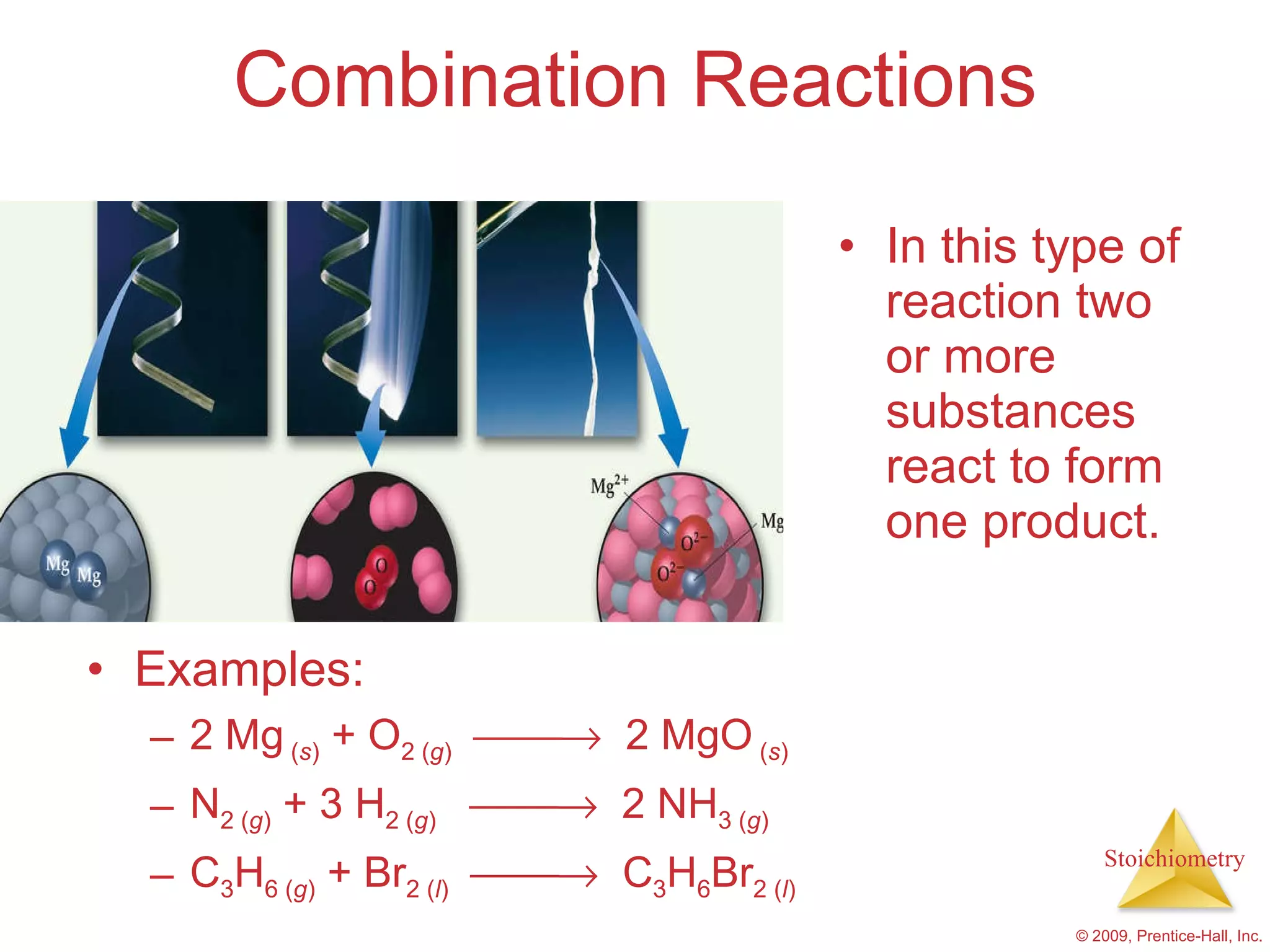 Combination Reactions Examples: 2 Mg  ( s )  + O 2 ( g )      2 MgO  ( s ) N 2 ( g )  + 3 H 2 ( g )      2 NH 3 ( g ) C 3 H 6 ( g )  + Br 2 ( l )      C 3 H 6 Br 2 ( l ) In this type of reaction two or more substances react to form one product. 