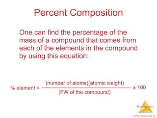 Percent Composition One can find the percentage of the mass of a compound that comes from each of the elements in the compound by using this equation: % element = (number of atoms)(atomic weight) (FW of the compound) x 100 