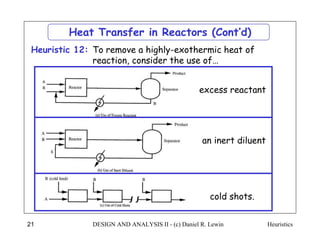 Heuristics
DESIGN AND ANALYSIS II - (c) Daniel R. Lewin
21
Heat Transfer in Reactors (Cont’d)
To remove a highly-exothermic heat of
reaction, consider the use of…
Heuristic 12:
excess reactant
cold shots.
an inert diluent
 