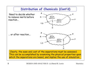 Heuristics
DESIGN AND ANALYSIS II - (c) Daniel R. Lewin
8
Distribution of Chemicals (Cont’d)
Need to decide whether
to remove inerts before
reaction...
Clearly, the ease and cost of the separations must be assessed.
This can be accomplished by examining the physical properties upon
which the separations are based, and implies the use of simulation
… or after reaction...
 