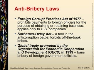 ©2015CengageLearning.AllRightsReserved.Maynotbescanned,copiedorduplicated,orpostedtoapubliclyaccessiblewebsite,inwholeorinpart.
Mary Ellen Guffey & Dana Loewy, Business Communication: Process and Product, 8e
Anti-Bribery Laws
Ch. 3, Slide 17
• Foreign Corrupt Practices Act of 1977 –
prohibits payments to foreign officials for the
purpose of obtaining or retaining business;
applies only to U.S. companies.
• Sarbanes-Oxley Act – a tool in the
anticorruption battle; forbids off-the-book
bribes.
• Global treaty promoted by the
Organization for Economic Cooperation
and Development (OECD) in 1999 – bans
bribery of foreign government officials.
 