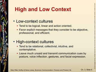 ©2015CengageLearning.AllRightsReserved.Maynotbescanned,copiedorduplicated,orpostedtoapubliclyaccessiblewebsite,inwholeorinpart.
Mary Ellen Guffey & Dana Loewy, Business Communication: Process and Product, 8e
High and Low Context
• Low-context cultures
 Tend to be logical, linear and action oriented.
 Favor explicit messages that they consider to be objective,
professional, and efficient.
• High-context cultures
 Tend to be relational, collectivist, intuitive, and
contemplative.
 Leave much unsaid and transmit communication cues by
posture, voice inflection, gestures, and facial expression.
Ch. 3, Slide 6
 