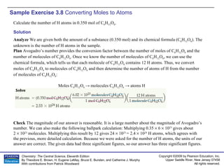 Sample Exercise 3.8  Converting Moles to Atoms Calculate the number of H atoms in 0.350 mol of C 6 H 12 O 6 . Solution Analyze  We are given both the amount of a substance (0.350 mol) and its chemical formula (C 6 H 12 O 6 ). The unknown is the number of H atoms in the sample. Plan  Avogadro’s number provides the conversion factor between the number of moles of C 6 H 12 O 6  and the number of molecules of C 6 H 12 O 6 . Once we know the number of molecules of C 6 H 12 O 6 , we can use the chemical formula, which tells us that each molecule of C 6 H 12 O 6  contains 12 H atoms. Thus, we convert moles of C 6 H 12 O 6  to molecules of C 6 H 12 O 6  and then determine the number of atoms of H from the number of molecules of C 6 H 12 O 6 : Moles C 6 H 12 O 6  -> molecules C 6 H 12 O 6  -> atoms H Check  The magnitude of our answer is reasonable. It is a large number about the magnitude of Avogadro’s number. We can also make the following ballpark calculation: Multiplying 0.35    6    10 23  gives about  2    10 23  molecules. Multiplying this result by 12 gives 24    10 23  = 2.4    10 24  H atoms, which agrees with the previous, more detailed calculation. Because we were asked for the number of H atoms, the units of our answer are correct. The given data had three significant figures, so our answer has three significant figures. 