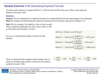 Sample Exercise 3.13  Calculating Empirical Formula Ascorbic acid (vitamin C) contains 40.92% C, 4.58% H, and 54.50% O by mass. What is the empirical formula of ascorbic acid? Solution Solve  We  first  assume, for simplicity, that we have exactly 100 g of material (although any mass can be used). In 100 g of ascorbic acid, therefore, we have Second , we calculate the number of moles of each element: Third , we determine the simplest whole-number ratio of moles by dividing each number of moles by the smallest number of moles, 3.406: Analyze  We are to determine an empirical formula of a compound from the mass percentages of its elements. Plan  The strategy for determining the empirical formula involves the three steps given in Figure 3.11. 