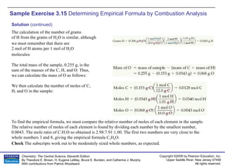 Sample Exercise 3.15  Determining Empirical Formula by Combustion Analysis To find the empirical formula, we must compare the relative number of moles of each element in the sample. The relative number of moles of each element is found by dividing each number by the smallest number, 0.0043. The mole ratio of C:H:O so obtained is 2.98:7.91:1.00. The first two numbers are very close to the whole numbers 3 and 8, giving the empirical formula C 3 H 8 O. Check  The subscripts work out to be moderately sized whole numbers, as expected. Solution  (continued) The calculation of the number of grams of H from the grams of H 2 O is similar, although we must remember that there are 2 mol of H atoms per 1 mol of H 2 O molecules: The total mass of the sample, 0.255 g, is the sum of the masses of the C, H, and O. Thus, we can calculate the mass of O as follows: We then calculate the number of moles of C, H, and O in the sample: 