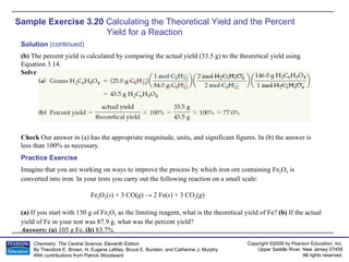Sample Exercise 3.20  Calculating the Theoretical Yield and the Percent  Yield for a Reaction Solution  (continued) (b)  The percent yield is calculated by comparing the actual yield (33.5 g) to the theoretical yield using Equation 3.14. Solve Check  Our answer in (a) has the appropriate magnitude, units, and significant figures. In (b) the answer is less than 100% as necessary.  Imagine that you are working on ways to improve the process by which iron ore containing Fe 2 O 3  is converted into iron. In your tests you carry out the following reaction on a small scale: Fe 2 O 3 ( s ) + 3 CO( g ) -> 2 Fe( s ) + 3 CO 2 ( g ) (a)  If you start with 150 g of Fe 2 O 3  as the limiting reagent, what is the theoretical yield of Fe?  (b)  If the actual yield of Fe in your test was 87.9 g, what was the percent yield? Answers:  (a)  105 g Fe,  (b)  83.7% Practice Exercise 