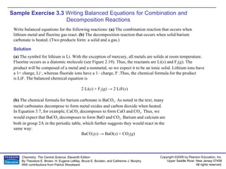 Sample Exercise 3.3  Writing Balanced Equations for Combination and  Decomposition Reactions Write balanced equations for the following reactions:  (a)  The combination reaction that occurs when lithium metal and fluorine gas react.  (b)  The decomposition reaction that occurs when solid barium carbonate is heated. (Two products form: a solid and a gas.) Solution (a)  The symbol for lithium is Li. With the exception of mercury, all metals are solids at room temperature. Fluorine occurs as a diatomic molecule (see Figure 2.19). Thus, the reactants are Li( s ) and F 2 ( g ). The product will be composed of a metal and a nonmetal, so we expect it to be an ionic solid. Lithium ions have a 1+ charge, Li + , whereas fluoride ions have a 1– charge, F – .Thus, the chemical formula for the product is LiF. The balanced chemical equation is 2 Li( s ) + F 2 ( g ) -> 2 LiF( s ) (b)  The chemical formula for barium carbonate is BaCO 3 . As noted in the text, many metal carbonates decompose to form metal oxides and carbon dioxide when heated. In Equation 3.7, for example, CaCO 3  decomposes to form CaO and CO 2 . Thus, we would expect that BaCO 3  decomposes to form BaO and CO 2 . Barium and calcium are both in group 2A in the periodic table, which further suggests they would react in the same way: BaCO 3 ( s ) -> BaO( s ) + CO 2 ( g ) 