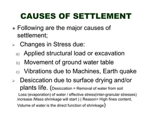 CAUSES OF SETTLEMENT
Following are the major causes of
settlement;
Changes in Stress due:
a) Applied structural load or excavation
.
b) Movement of ground water table
.
c) Vibrations due to Machines, Earth quake.
Desiccation due to surface drying and/or
plants life. (Desiccation = Removal of water from soil
Loss (evaporation) of water / effective stress(inter-granular stresses)
increase /Mass shrinkage will start ) ( Reason= High fines content,
Volume of water is the direct function of shrinkage)

 