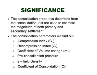 SIGNIFICANCE
The consolidation properties determine from
the consolidation test are used to estimate
the magnitude of both primary and
secondary settlement.
The consolidation parameters we find out;
1. Compression Index (Cc)
.
2. Recompression Index (Cr)
.
3. Coefficient of Volume change (mv) .
4. Pre-consolidation pressure
.
5.
6.

e – field Density
Coefficient of Consolidation (Cv)

.
.

 