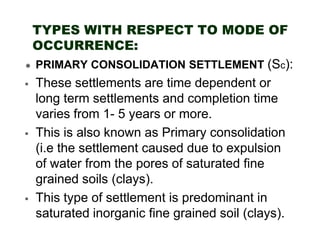 TYPES WITH RESPECT TO MODE OF
OCCURRENCE:
PRIMARY CONSOLIDATION SETTLEMENT (Sc):
These settlements are time dependent or
long term settlements and completion time
varies from 1- 5 years or more.
This is also known as Primary consolidation
(i.e the settlement caused due to expulsion
of water from the pores of saturated fine
grained soils (clays).
This type of settlement is predominant in
saturated inorganic fine grained soil (clays).

 