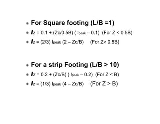 For Square footing (L/B =1)
Iz = 0.1 + (Zc/0.5B) ( Ipeak – 0.1) (For Z < 0.5B)
Iz = (2/3) Ipeak (2 – Zc/B) (For Z> 0.5B)

For a strip Footing (L/B > 10)
Iz = 0.2 + (Zc/B) ( Ipeak – 0.2) (For Z < B)
Iz = (1/3) Ipeak (4 – Zc/B) (For Z > B)

 