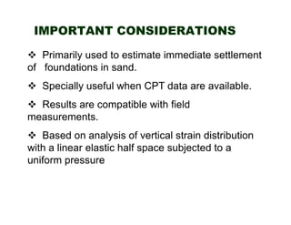 IMPORTANT CONSIDERATIONS
Primarily used to estimate immediate settlement
of foundations in sand.
Specially useful when CPT data are available.
Results are compatible with field
measurements.
Based on analysis of vertical strain distribution
with a linear elastic half space subjected to a
uniform pressure

 