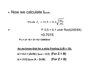 Now we calculate Ipeak;

= 0.5 + 0.1 undr Root(240/64)
=0.7015
P’o = 2× 16 + 2× 16 = 64KN/m²

As we know that for a strip Footing (L/B > 10).
Iz = 0.2 + (Zc/B) ( Ipeak – 0.2) (For Z < B)
Iz = (1/3) Ipeak (4 – Zc/B)

(For Z > B)

 