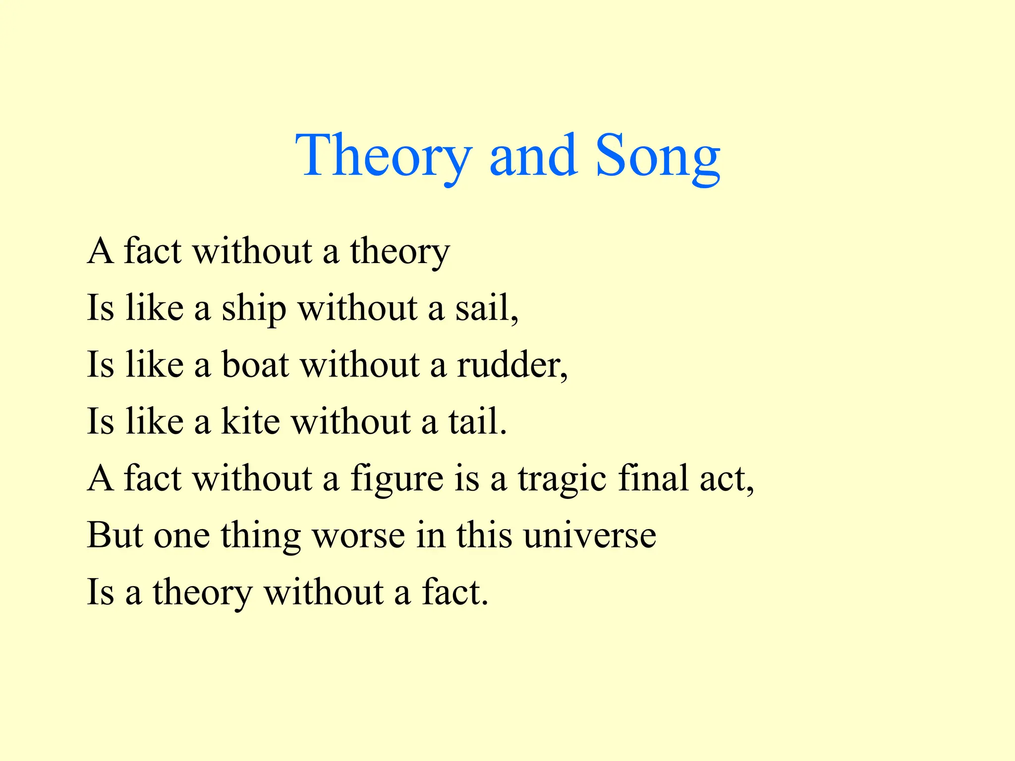 Theory and Song
A fact without a theory
Is like a ship without a sail,
Is like a boat without a rudder,
Is like a kite without a tail.
A fact without a figure is a tragic final act,
But one thing worse in this universe
Is a theory without a fact.
 