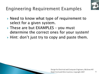    Need to know what type of requirement to
    select for a given system.
   These are but EXAMPLES – you must
    determine the correct ones for your system!
   Hint: don’t just try to copy and paste them.




                                                   11
 