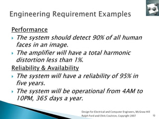 Performance
   The system should detect 90% of all human
    faces in an image.
   The amplifier will have a total harmonic
    distortion less than 1%.
Reliability & Availability
   The system will have a reliability of 95% in
    five years.
   The system will be operational from 4AM to
    10PM, 365 days a year.

                                                   12
 